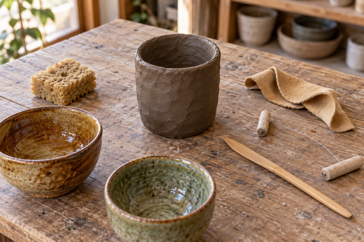 作業台の上の作りかけの湯のみと、竹べら・切り糸などの道具、焼き上がった器