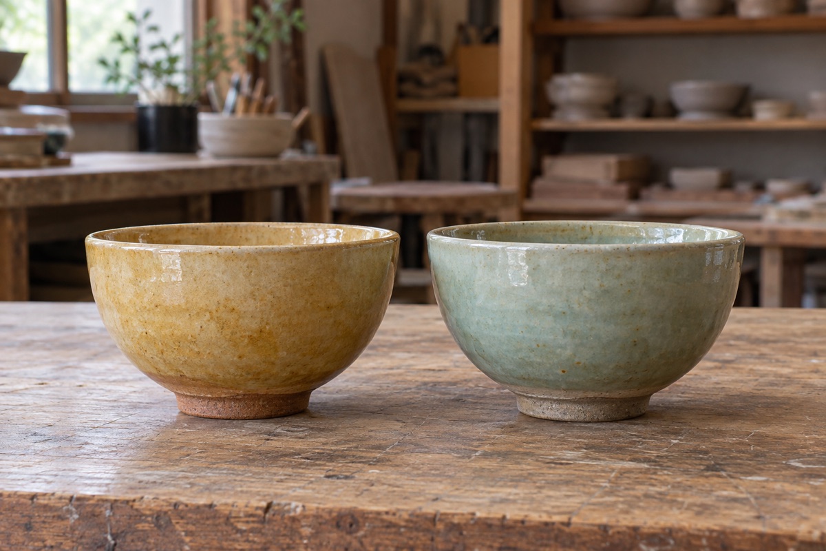 同じ形の 2 つの茶碗。左は黄みがかった色、右は淡い青緑色