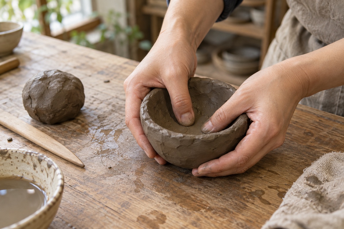 丸めた粘土に両手の親指を入れて、小さな茶碗の形に広げているところ